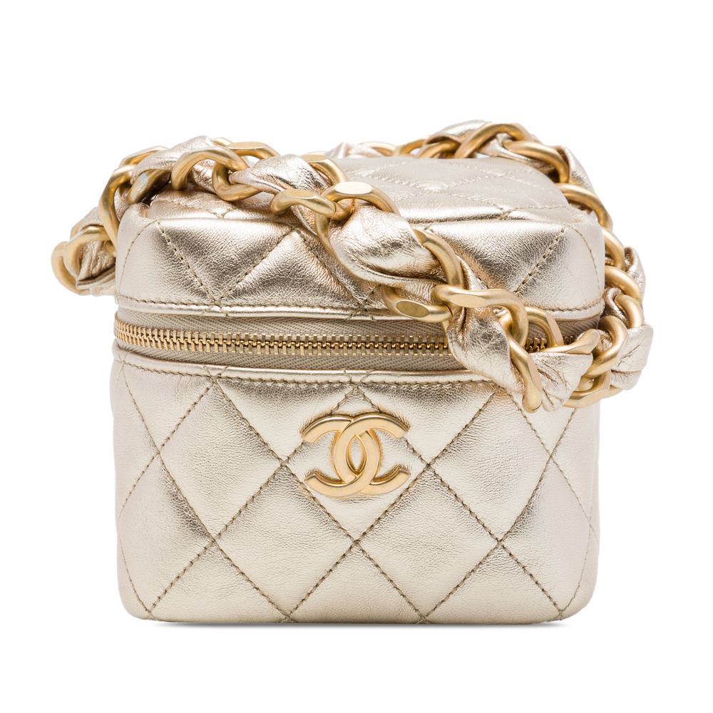 Pre-Loved Chanel CC Quilted Metallic Lambskin Cube Zip Clutch with Chain
